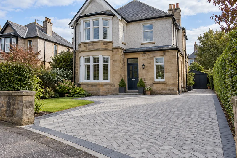Grey monoblock driveway outside a sandstone and roughcast Scottish house