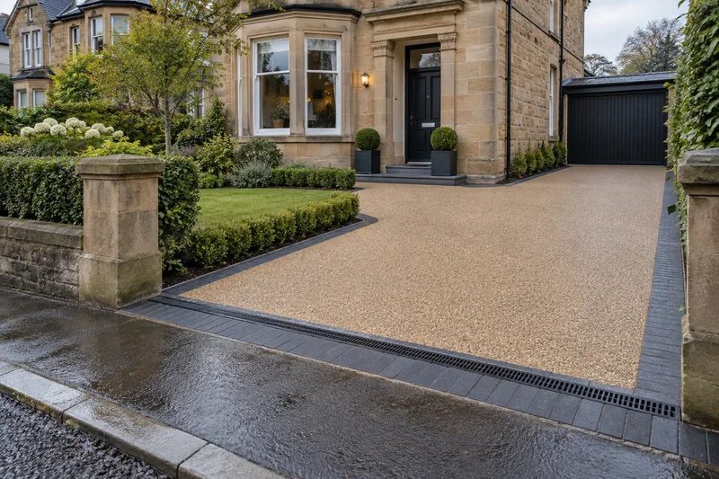 Warm aggregate resin bound driveway with a charcoal border beside a sandstone home